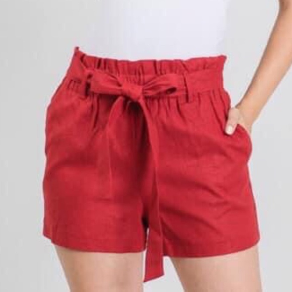 Linen Blend Paperbag Shorts w/Tie Waist -Deep Rust